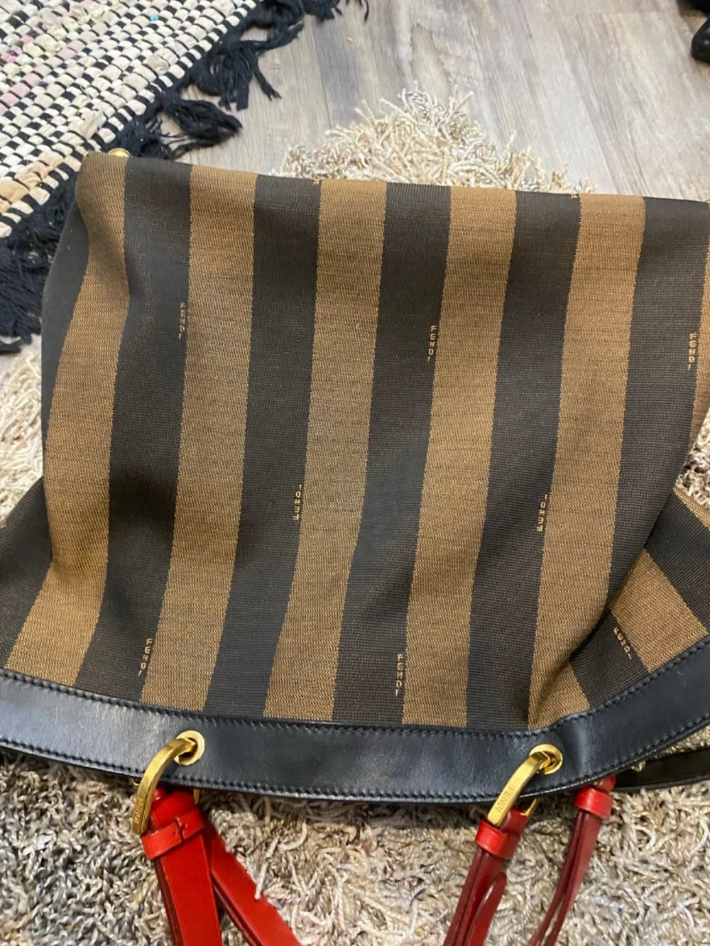Authentic FENDI Pequin Stripe Large Canvas Leather Tote Bag 8BN242